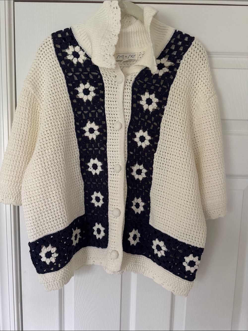 She + Sky - Cream Crochet Button-Front Cardigan with Navy Floral Panels